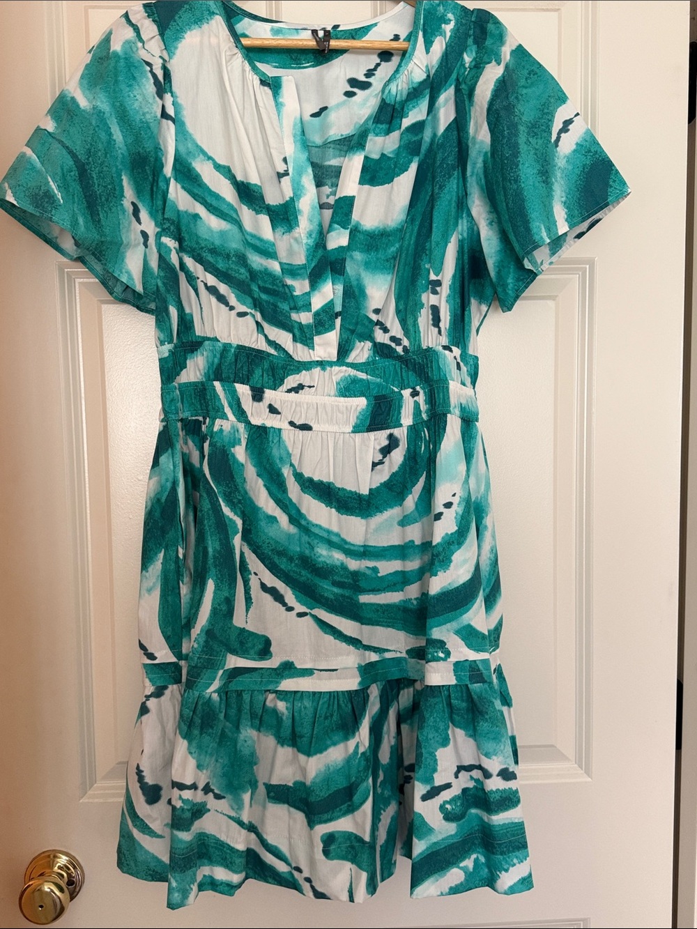Anthropologie somerset dress in white and teal print- large